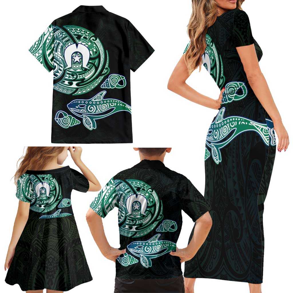 Whale and Dhari Torres Strait Islands Family Matching Short Sleeve Bodycon Dress and Hawaiian Shirt Deep Green Oceanic Tribal Pattern Art