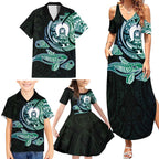 Whale and Dhari Torres Strait Islands Family Matching Summer Maxi Dress and Hawaiian Shirt Deep Green Oceanic Tribal Pattern Art