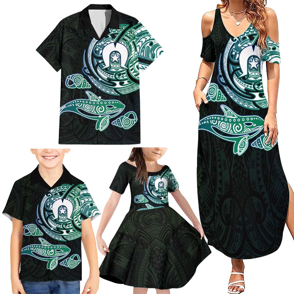 Whale and Dhari Torres Strait Islands Family Matching Summer Maxi Dress and Hawaiian Shirt Deep Green Oceanic Tribal Pattern Art