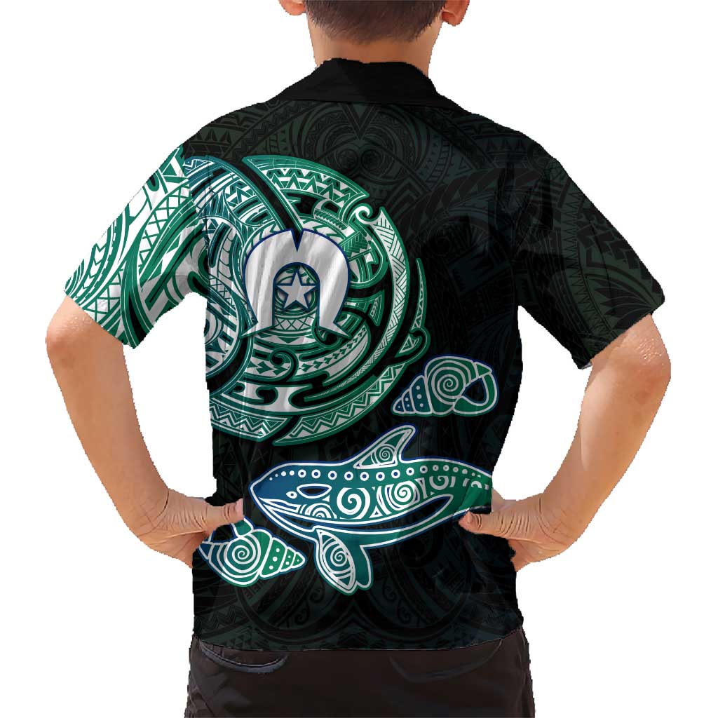 Whale and Dhari Torres Strait Islands Family Matching Summer Maxi Dress and Hawaiian Shirt Deep Green Oceanic Tribal Pattern Art