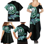 Whale and Dhari Torres Strait Islands Family Matching Summer Maxi Dress and Hawaiian Shirt Deep Green Oceanic Tribal Pattern Art