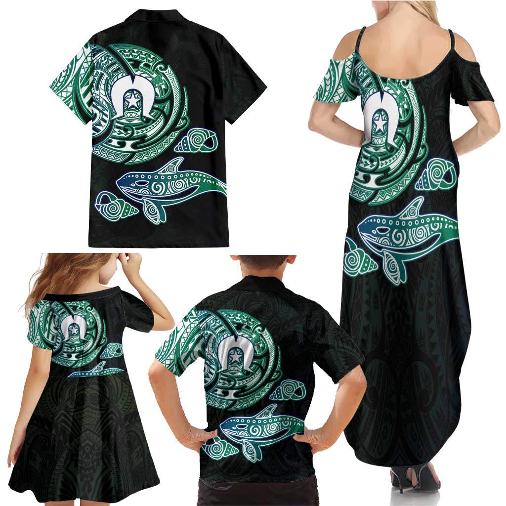Whale and Dhari Torres Strait Islands Family Matching Summer Maxi Dress and Hawaiian Shirt Deep Green Oceanic Tribal Pattern Art