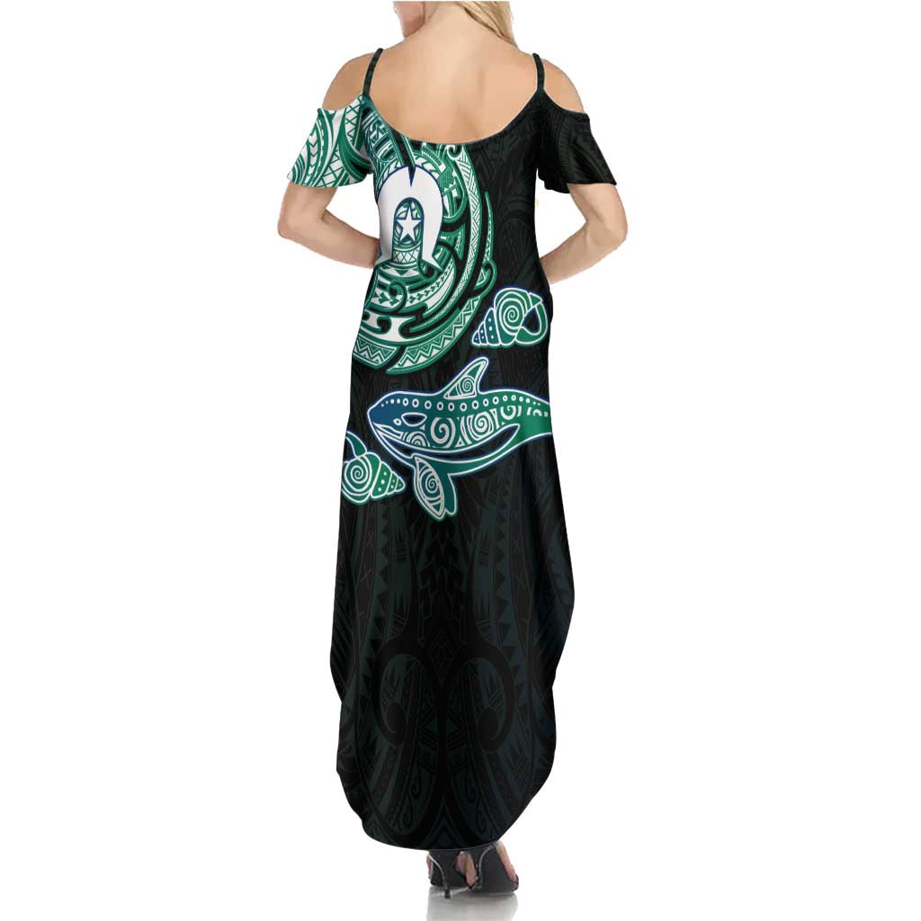 Whale and Dhari Torres Strait Islands Family Matching Summer Maxi Dress and Hawaiian Shirt Deep Green Oceanic Tribal Pattern Art