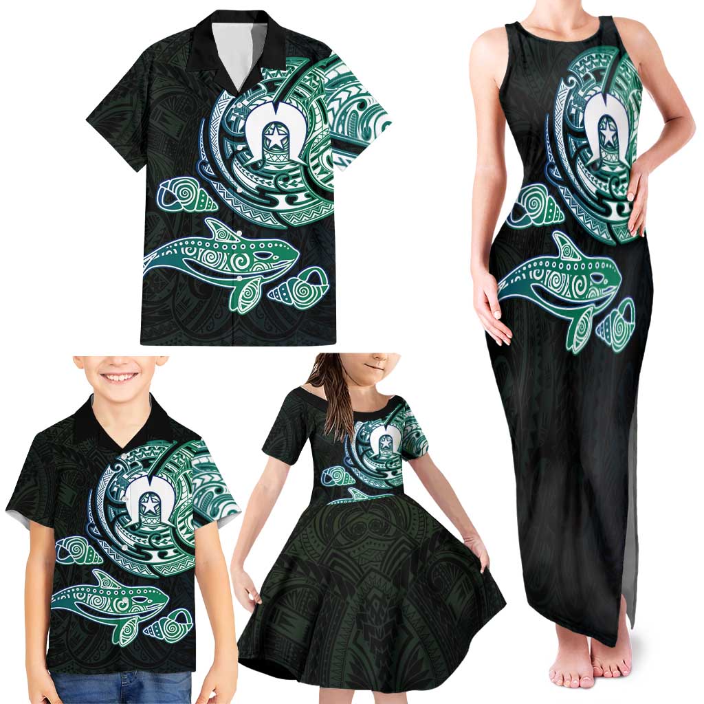 Whale and Dhari Torres Strait Islands Family Matching Tank Maxi Dress and Hawaiian Shirt Deep Green Oceanic Tribal Pattern Art