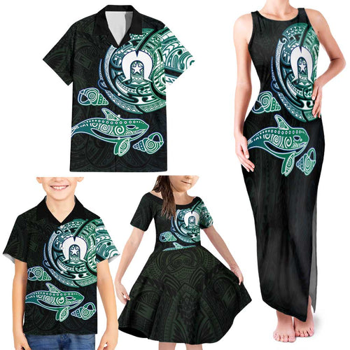 Whale and Dhari Torres Strait Islands Family Matching Tank Maxi Dress and Hawaiian Shirt Deep Green Oceanic Tribal Pattern Art