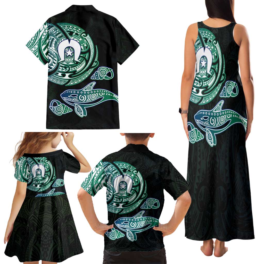 Whale and Dhari Torres Strait Islands Family Matching Tank Maxi Dress and Hawaiian Shirt Deep Green Oceanic Tribal Pattern Art