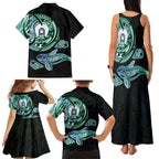 Whale and Dhari Torres Strait Islands Family Matching Tank Maxi Dress and Hawaiian Shirt Deep Green Oceanic Tribal Pattern Art