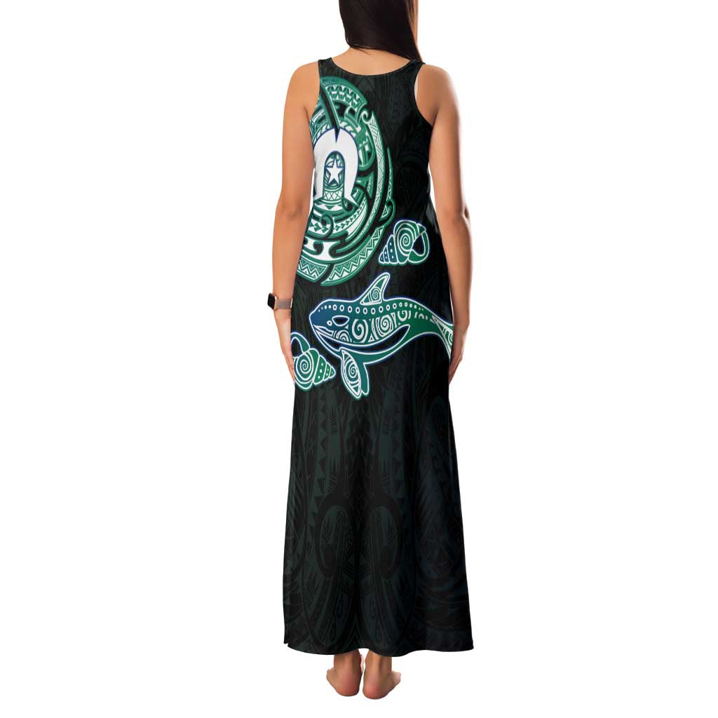 Whale and Dhari Torres Strait Islands Family Matching Tank Maxi Dress and Hawaiian Shirt Deep Green Oceanic Tribal Pattern Art