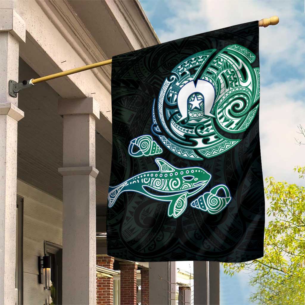 Whale and Dhari Torres Strait Islands Garden Flag Deep Green Oceanic Tribal Pattern Art