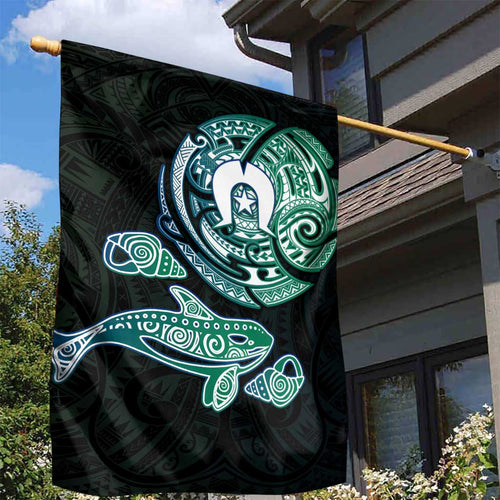 Whale and Dhari Torres Strait Islands Garden Flag Deep Green Oceanic Tribal Pattern Art