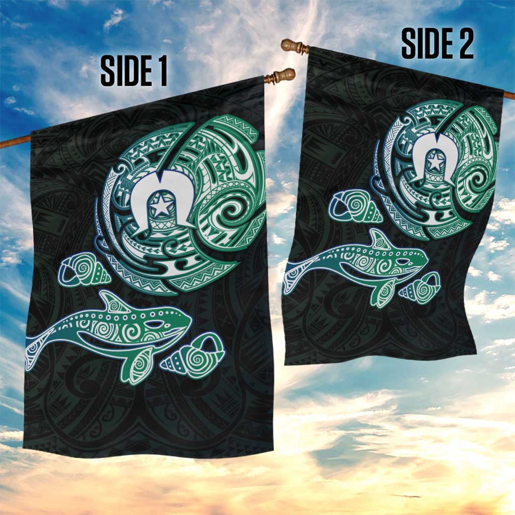 Whale and Dhari Torres Strait Islands Garden Flag Deep Green Oceanic Tribal Pattern Art