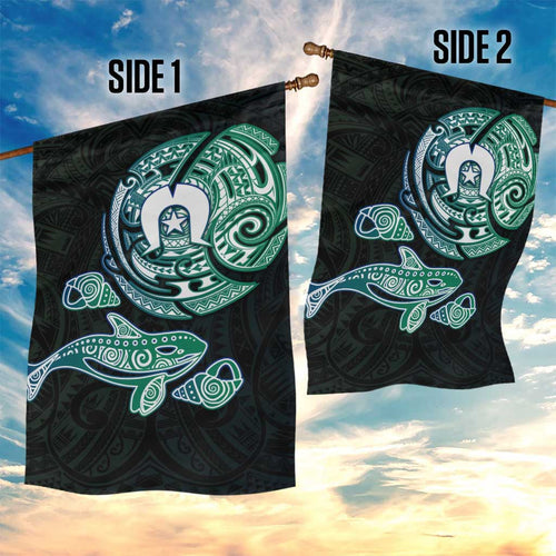 Whale and Dhari Torres Strait Islands Garden Flag Deep Green Oceanic Tribal Pattern Art
