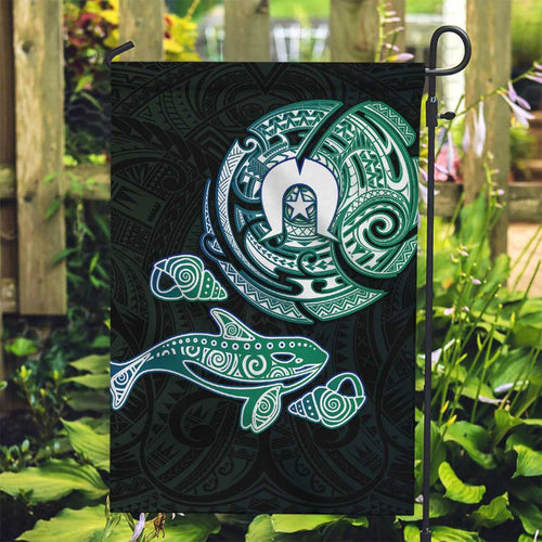 Whale and Dhari Torres Strait Islands Garden Flag Deep Green Oceanic Tribal Pattern Art