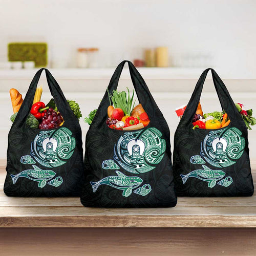 Whale and Dhari Torres Strait Islands Grocery Bag Deep Green Oceanic Tribal Pattern Art