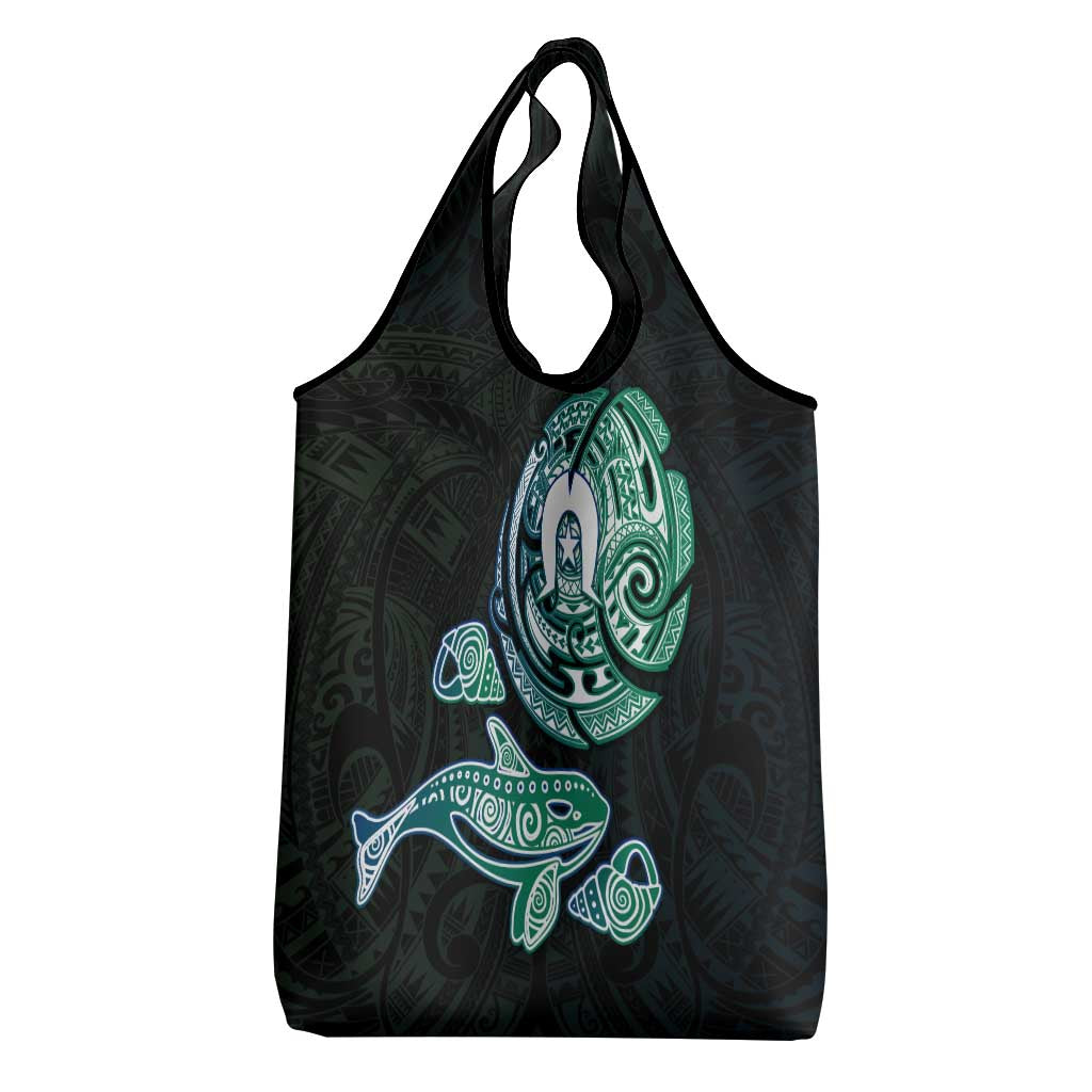 Whale and Dhari Torres Strait Islands Grocery Bag Deep Green Oceanic Tribal Pattern Art
