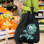 Whale and Dhari Torres Strait Islands Grocery Bag Deep Green Oceanic Tribal Pattern Art