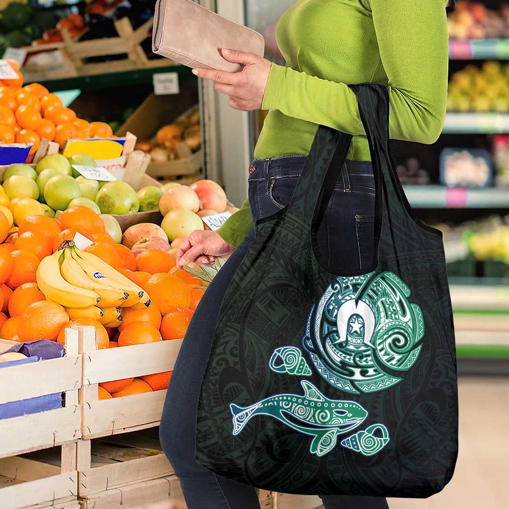 Whale and Dhari Torres Strait Islands Grocery Bag Deep Green Oceanic Tribal Pattern Art