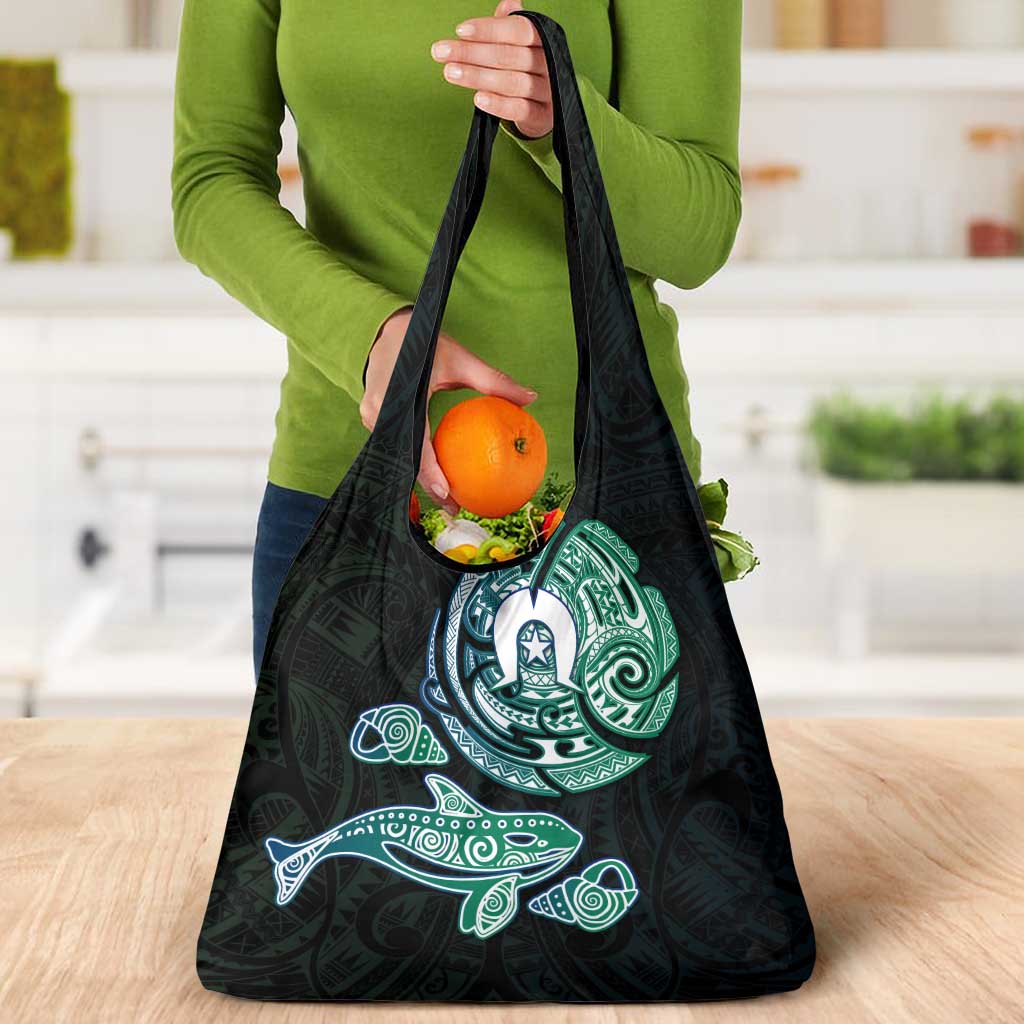 Whale and Dhari Torres Strait Islands Grocery Bag Deep Green Oceanic Tribal Pattern Art