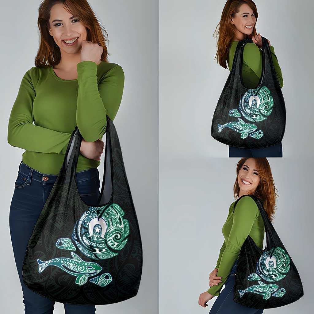 Whale and Dhari Torres Strait Islands Grocery Bag Deep Green Oceanic Tribal Pattern Art