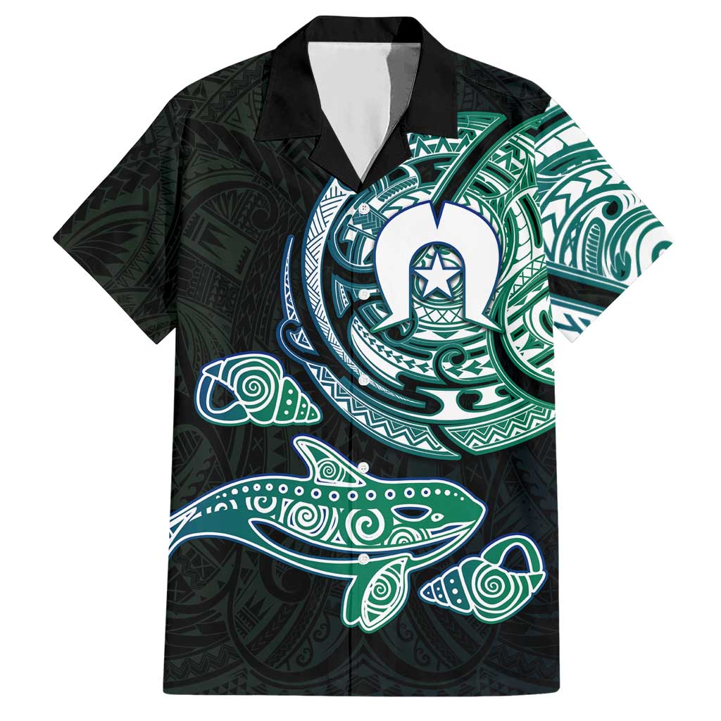 Whale and Dhari Torres Strait Islands Hawaiian Shirt Deep Green Oceanic Tribal Pattern Art