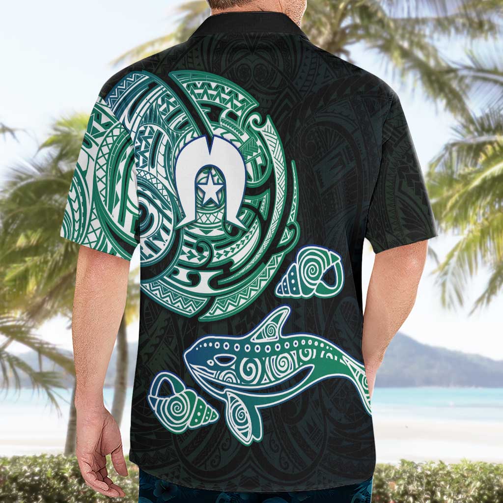 Whale and Dhari Torres Strait Islands Hawaiian Shirt Deep Green Oceanic Tribal Pattern Art