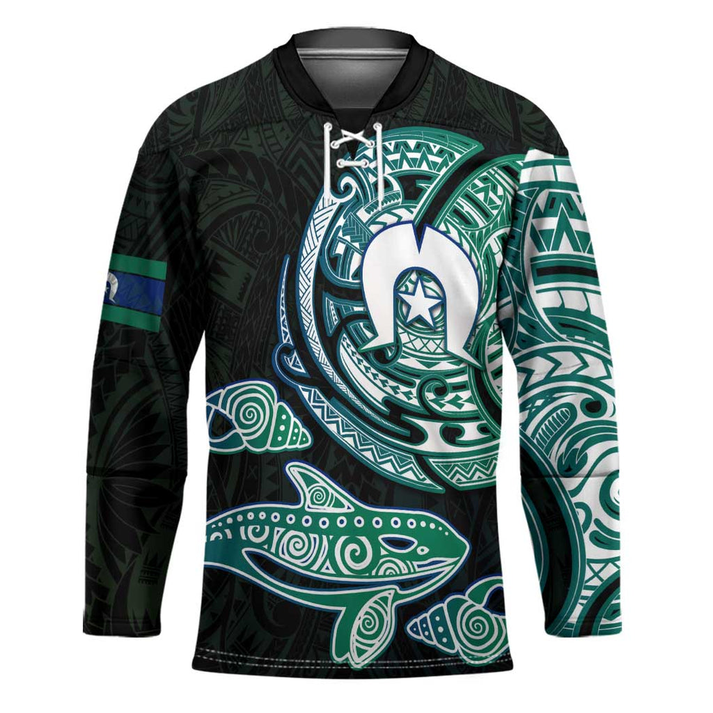 Whale and Dhari Torres Strait Islands Hockey Jersey Deep Green Oceanic Tribal Pattern Art