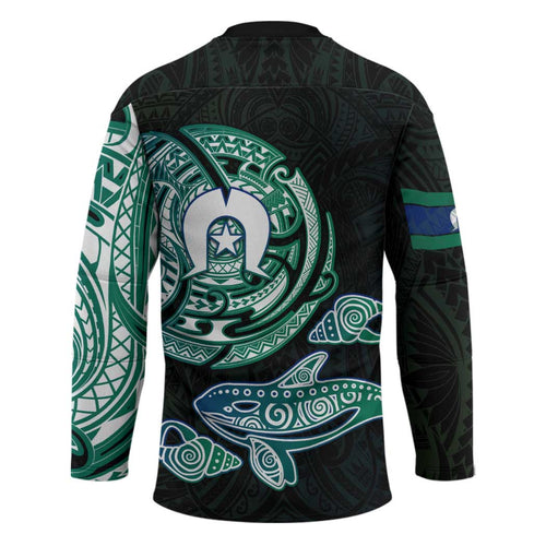 Whale and Dhari Torres Strait Islands Hockey Jersey Deep Green Oceanic Tribal Pattern Art