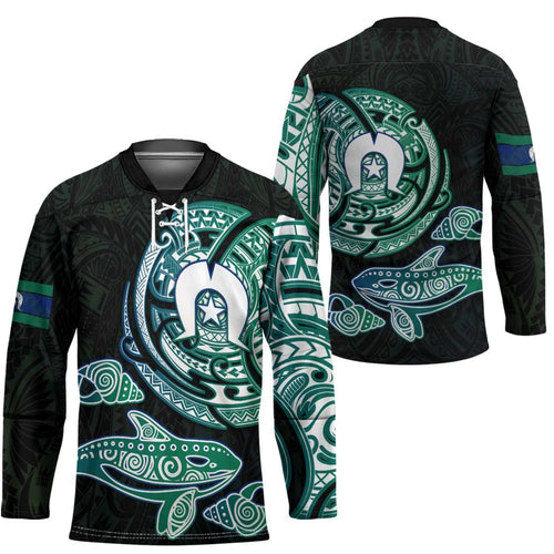 Whale and Dhari Torres Strait Islands Hockey Jersey Deep Green Oceanic Tribal Pattern Art