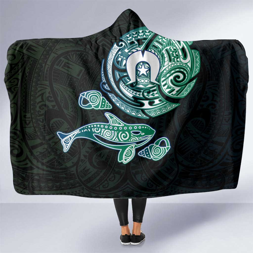 Whale and Dhari Torres Strait Islands Hooded Blanket Deep Green Oceanic Tribal Pattern Art