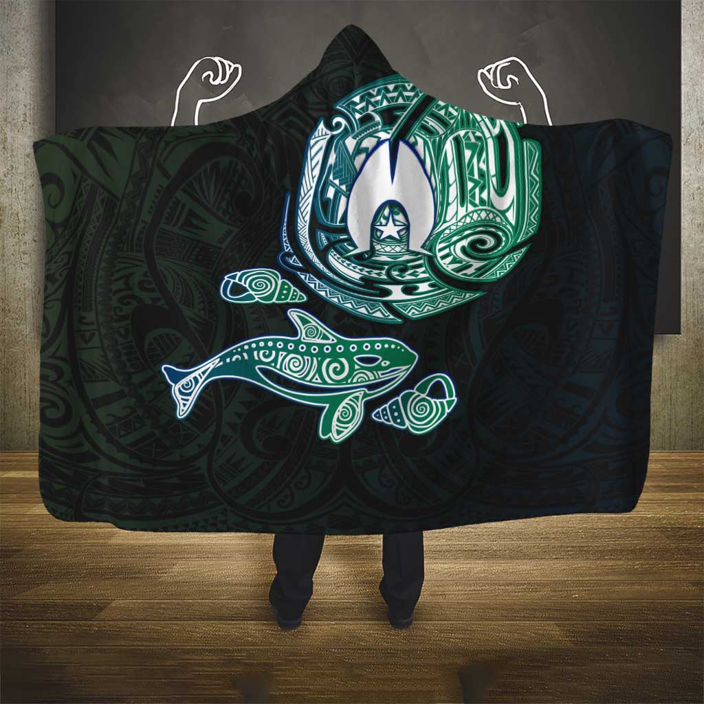 Whale and Dhari Torres Strait Islands Hooded Blanket Deep Green Oceanic Tribal Pattern Art