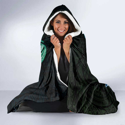 Whale and Dhari Torres Strait Islands Hooded Blanket Deep Green Oceanic Tribal Pattern Art