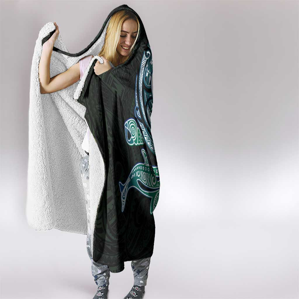 Whale and Dhari Torres Strait Islands Hooded Blanket Deep Green Oceanic Tribal Pattern Art