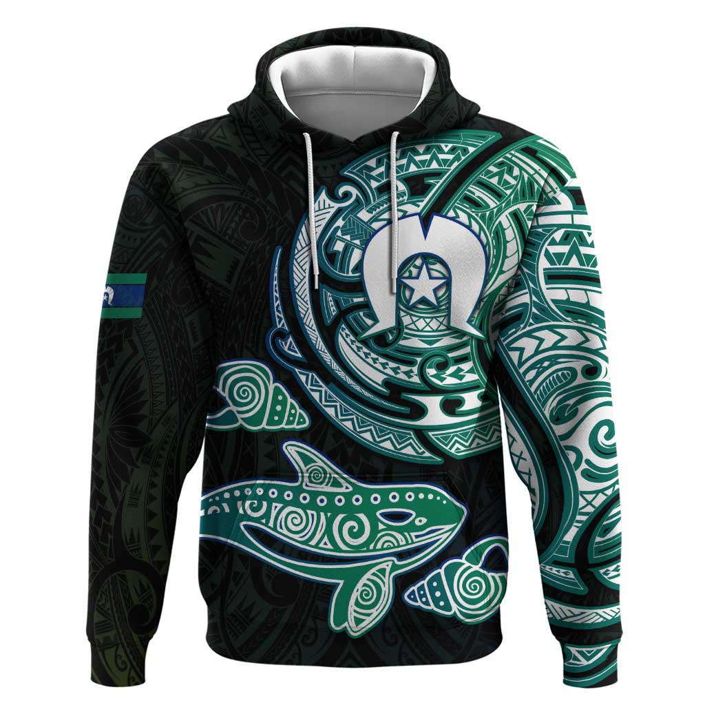 Whale and Dhari Torres Strait Islands Hoodie Deep Green Oceanic Tribal Pattern Art