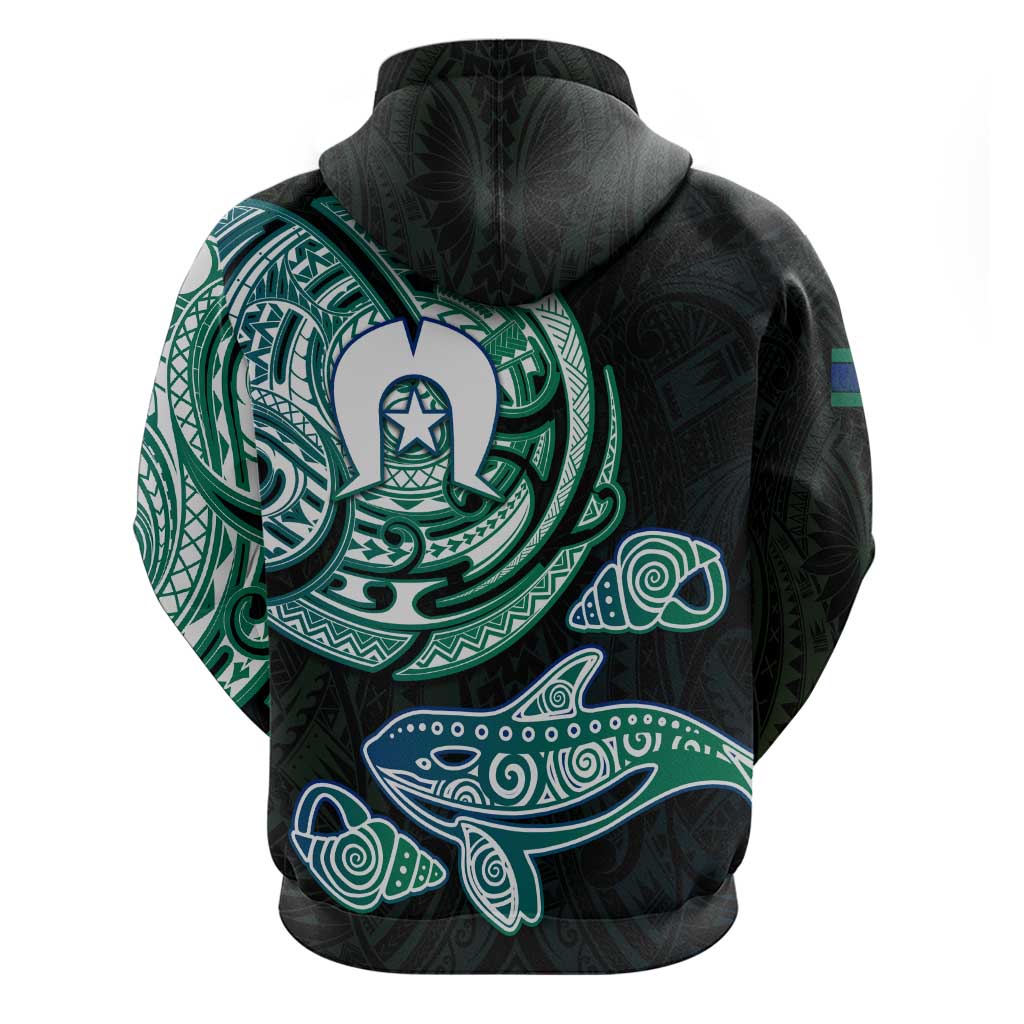 Whale and Dhari Torres Strait Islands Hoodie Deep Green Oceanic Tribal Pattern Art