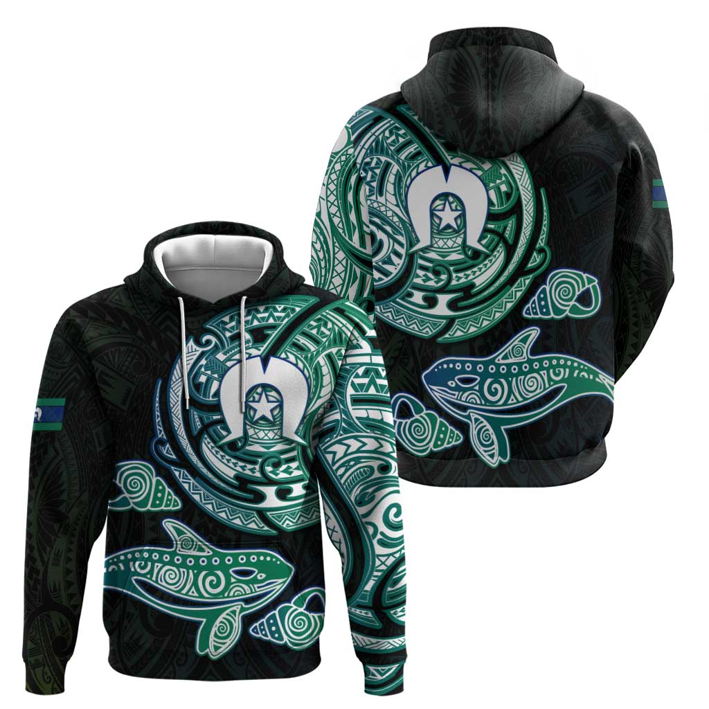 Whale and Dhari Torres Strait Islands Hoodie Deep Green Oceanic Tribal Pattern Art