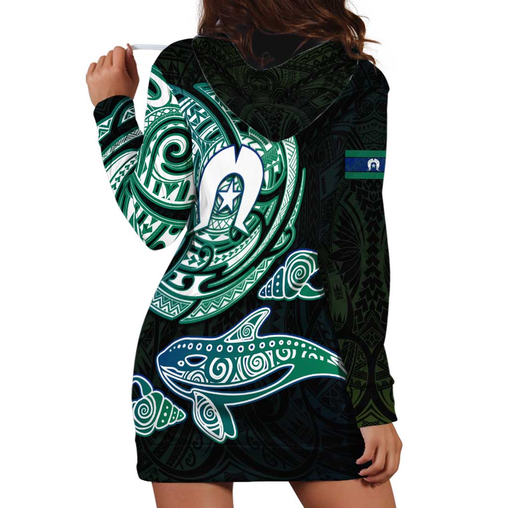 Whale and Dhari Torres Strait Islands Hoodie Dress Deep Green Oceanic Tribal Pattern Art