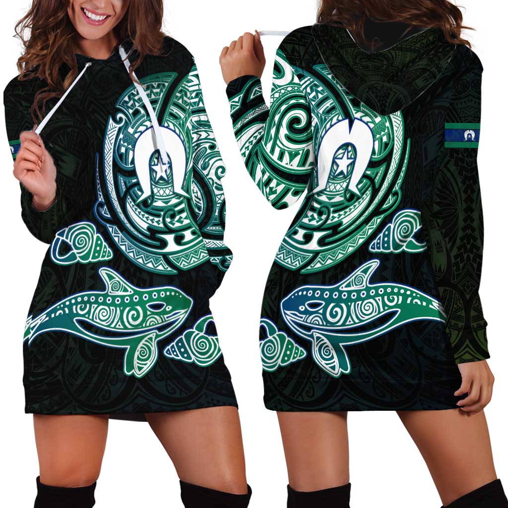 Whale and Dhari Torres Strait Islands Hoodie Dress Deep Green Oceanic Tribal Pattern Art