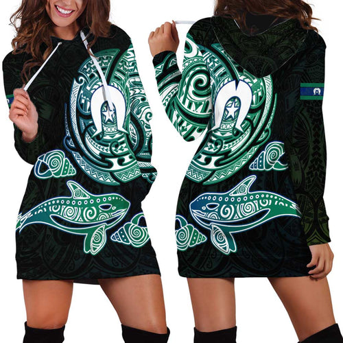 Whale and Dhari Torres Strait Islands Hoodie Dress Deep Green Oceanic Tribal Pattern Art