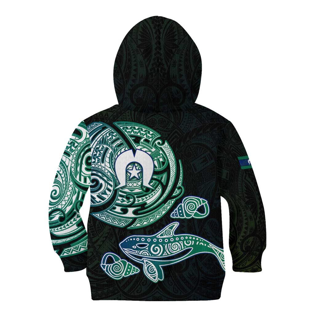 Whale and Dhari Torres Strait Islands Kid Hoodie Deep Green Oceanic Tribal Pattern Art