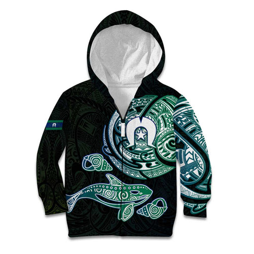 Whale and Dhari Torres Strait Islands Kid Hoodie Deep Green Oceanic Tribal Pattern Art