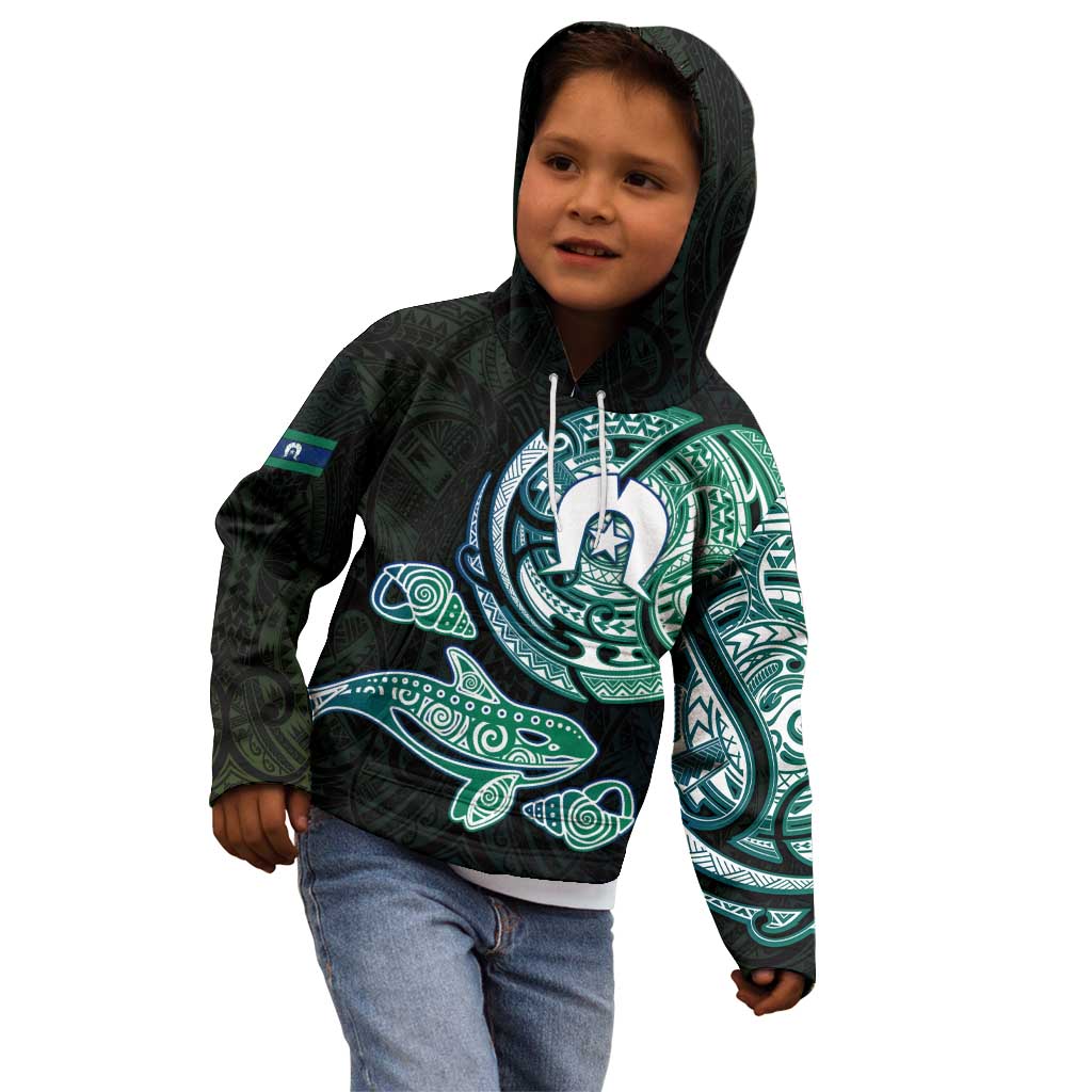 Whale and Dhari Torres Strait Islands Kid Hoodie Deep Green Oceanic Tribal Pattern Art