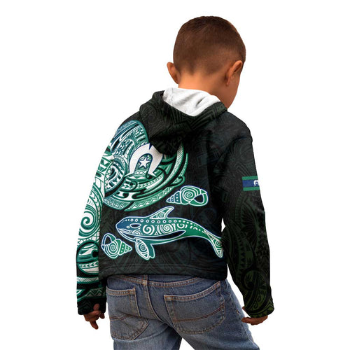 Whale and Dhari Torres Strait Islands Kid Hoodie Deep Green Oceanic Tribal Pattern Art