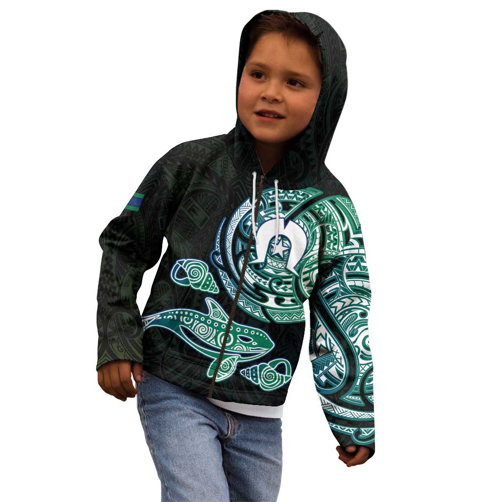 Whale and Dhari Torres Strait Islands Kid Hoodie Deep Green Oceanic Tribal Pattern Art