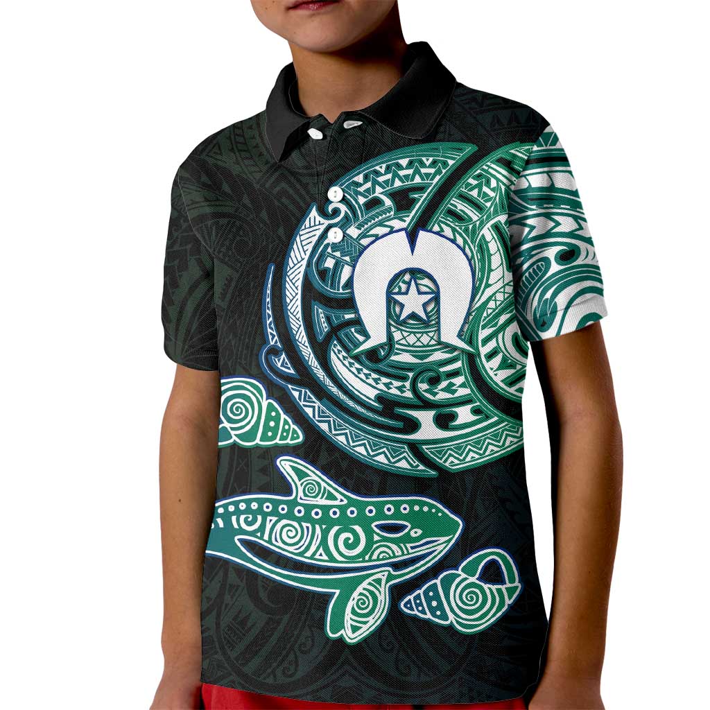 Whale and Dhari Torres Strait Islands Kid Polo Shirt Deep Green Oceanic Tribal Pattern Art