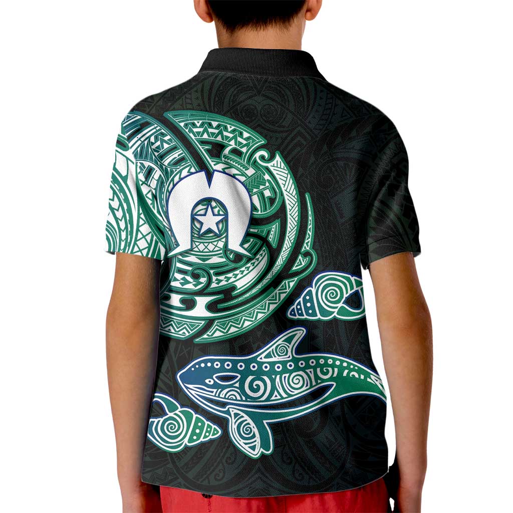 Whale and Dhari Torres Strait Islands Kid Polo Shirt Deep Green Oceanic Tribal Pattern Art