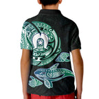 Whale and Dhari Torres Strait Islands Kid Polo Shirt Deep Green Oceanic Tribal Pattern Art