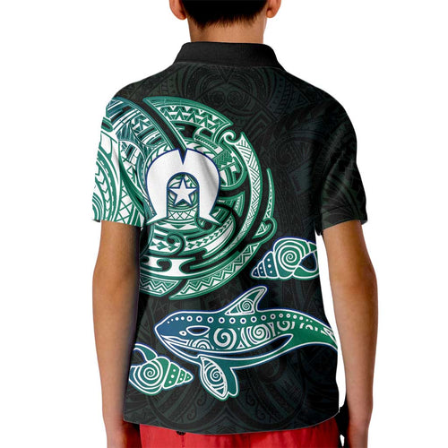 Whale and Dhari Torres Strait Islands Kid Polo Shirt Deep Green Oceanic Tribal Pattern Art