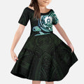 Whale and Dhari Torres Strait Islands Kid Short Sleeve Dress Deep Green Oceanic Tribal Pattern Art
