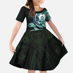 Whale and Dhari Torres Strait Islands Kid Short Sleeve Dress Deep Green Oceanic Tribal Pattern Art