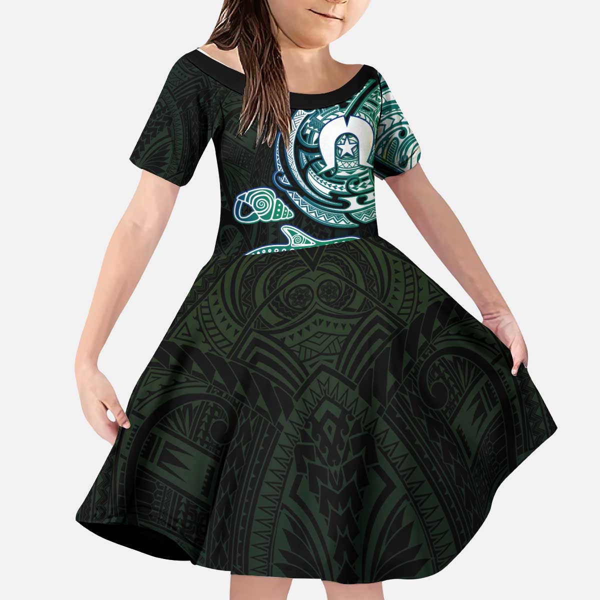 Whale and Dhari Torres Strait Islands Kid Short Sleeve Dress Deep Green Oceanic Tribal Pattern Art